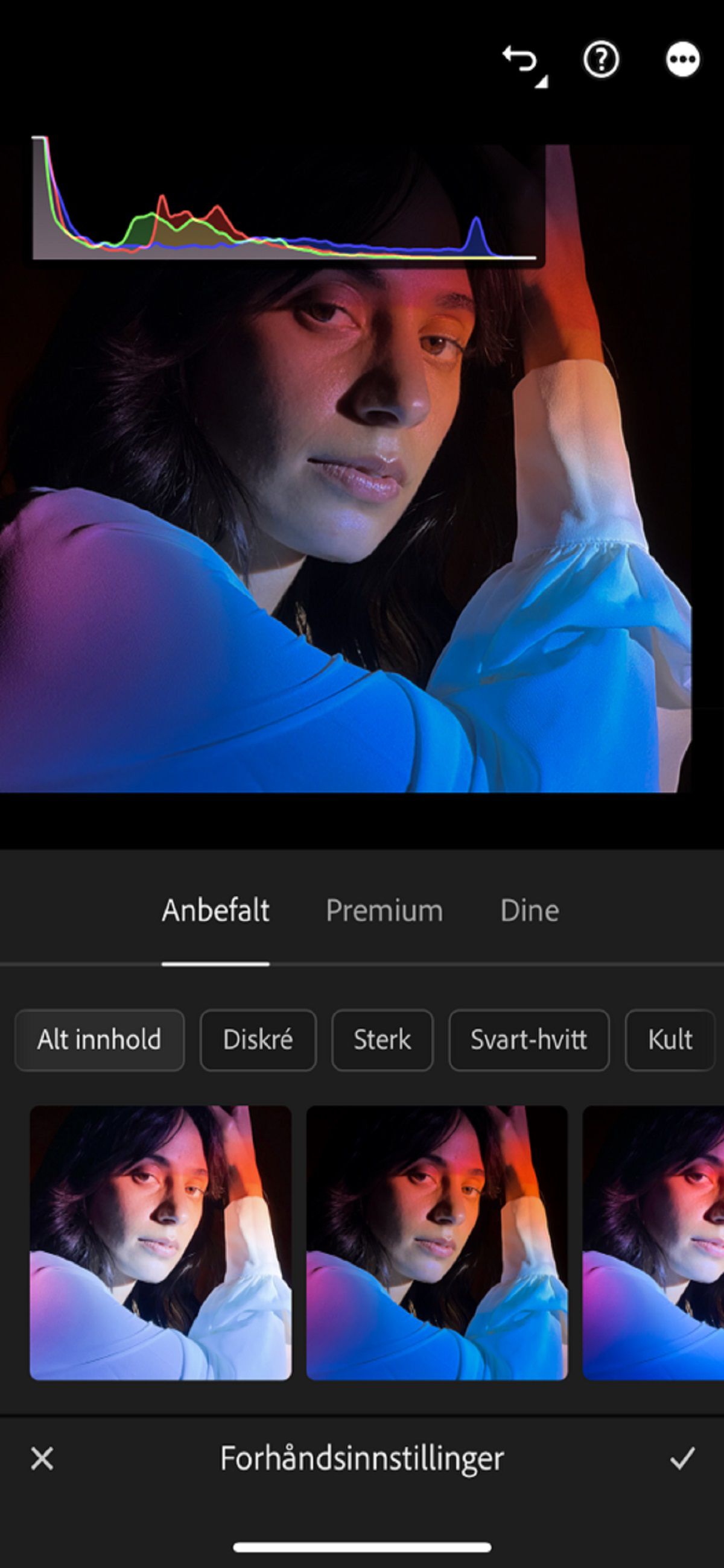 Anbefalte og avanserte forhåndsinnstillinger i Lightroom for mobilenheter (iOS)