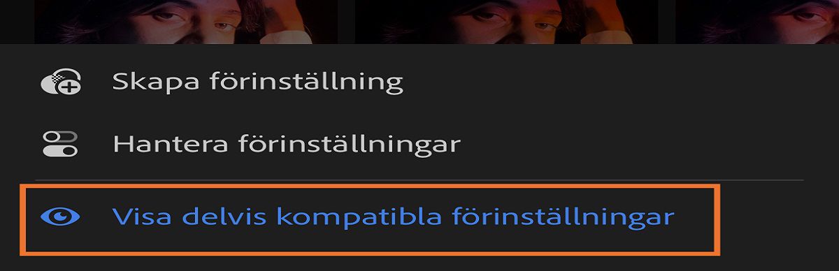 skärmbild av meny för att visa delvis kompatibla förinställningar