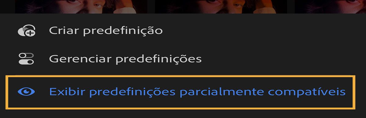 captura de tela do menu para mostrar as predefinições parcialmente compatíveis