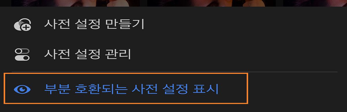 부분적으로 호환되는 사전 설정을 보여주는 메뉴의 스크린샷
