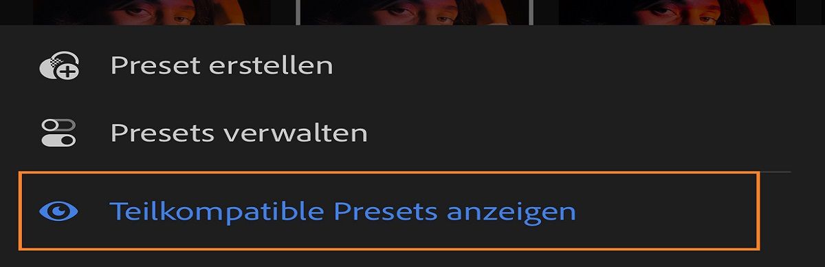 Screenshot des Menüs zur Anzeige von teilkompatiblen Presets