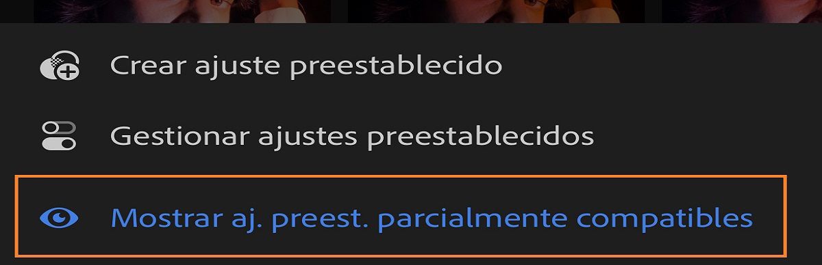 captura de pantalla del menú para mostrar los ajustes preestablecidos compatibles parcialmente