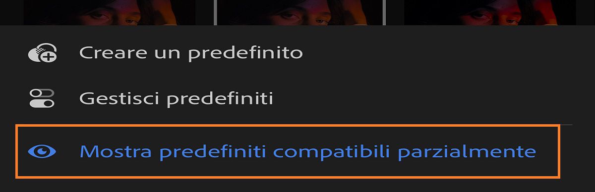 schermata del menu per mostrare i predefiniti compatibili parzialmente