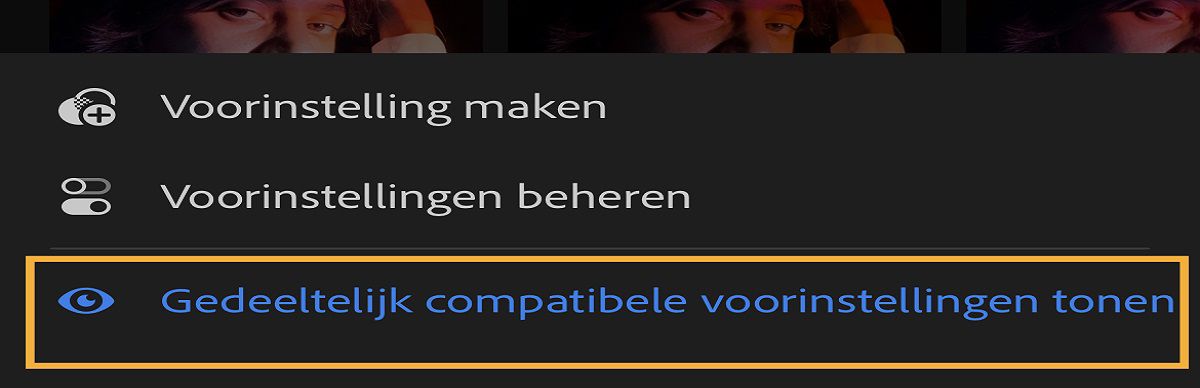 screenshot van menu om gedeeltelijk compatibele voorinstellingen te tonen