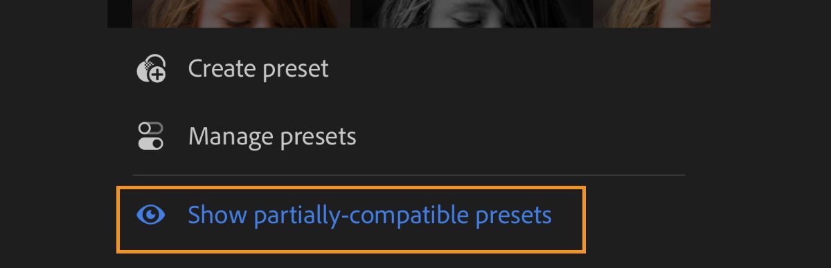 screenshot of menu to show partially compatible presets