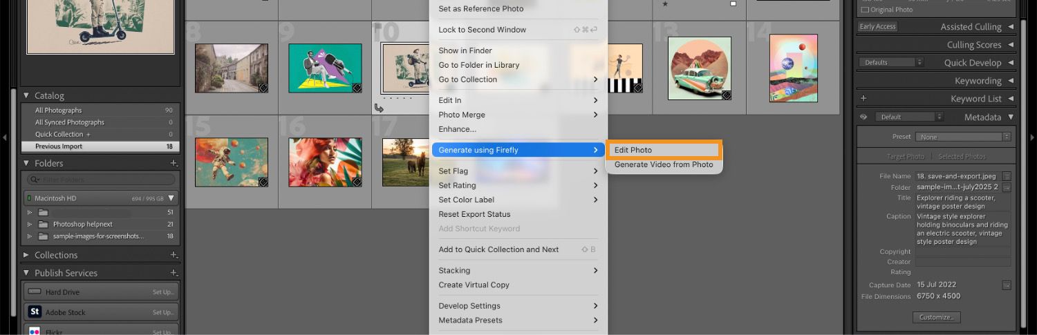 Lightroom Classic grid view with a right‑click menu open on a photo, highlighting Generate using Firefly.