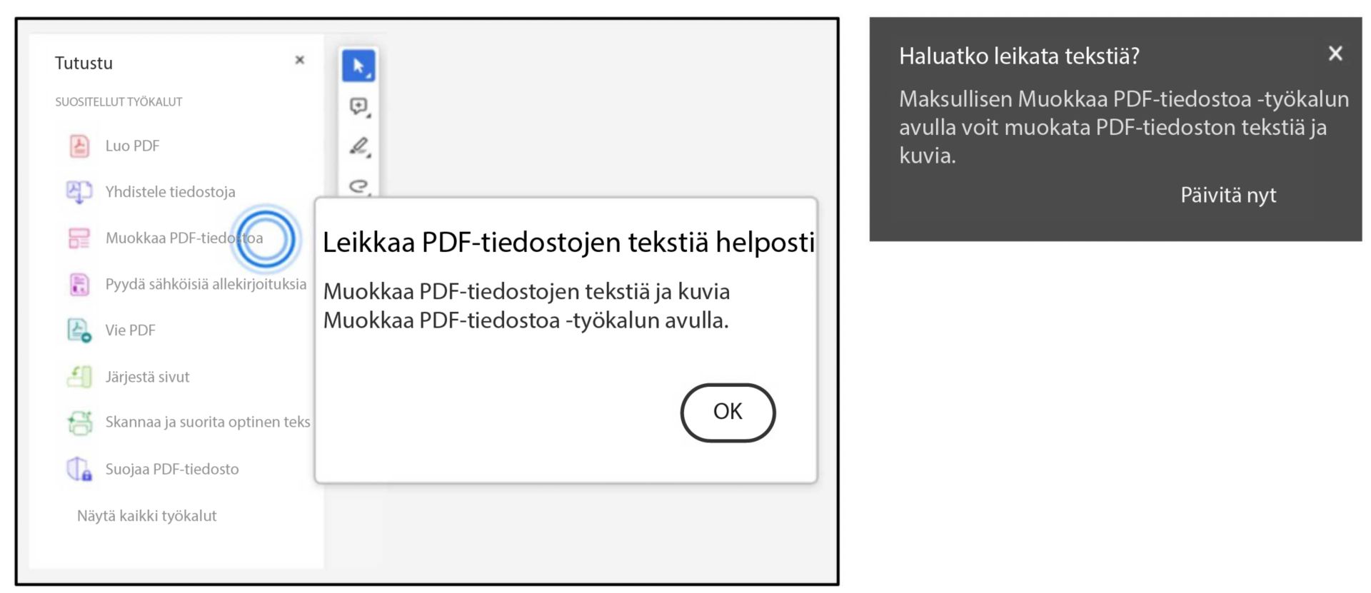Muokkaustyökalun kehote, kun käytät pikanäppäimiä leikkaamiseen tai liittämiseen