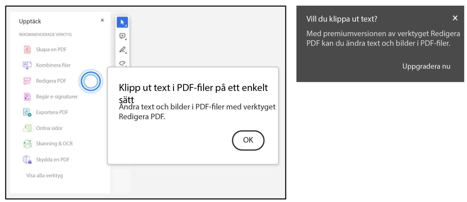 Uppmaning att använda redigeringsverktyget när kortkommandon används för att klippa ut eller klistra in