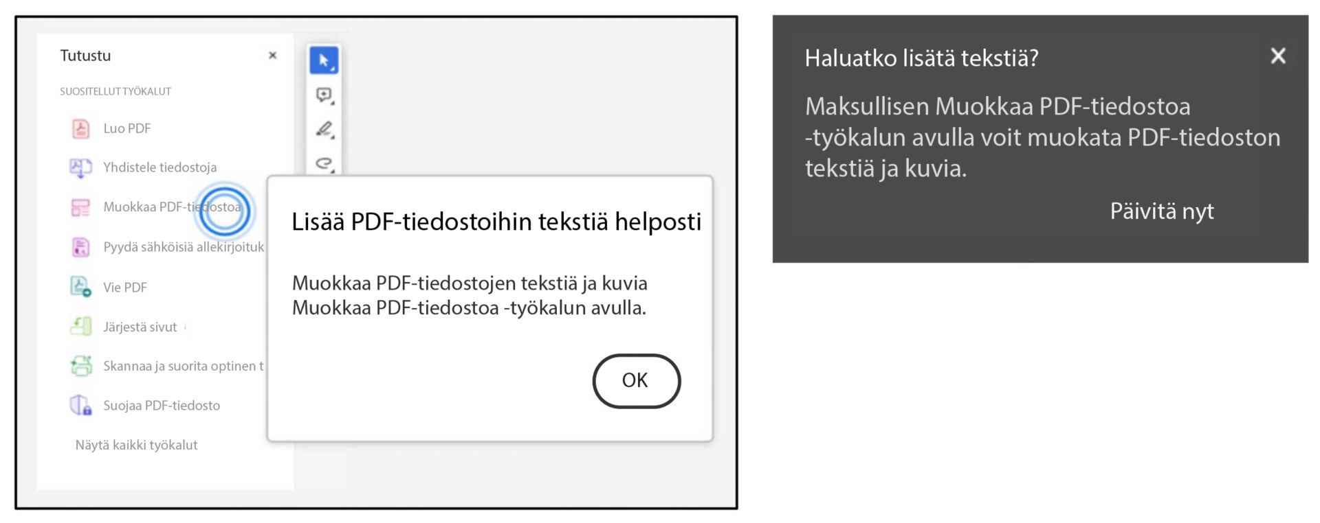 Muokkaustyökalun kehote, kun käytät pikanäppäimiä liittämiseen
