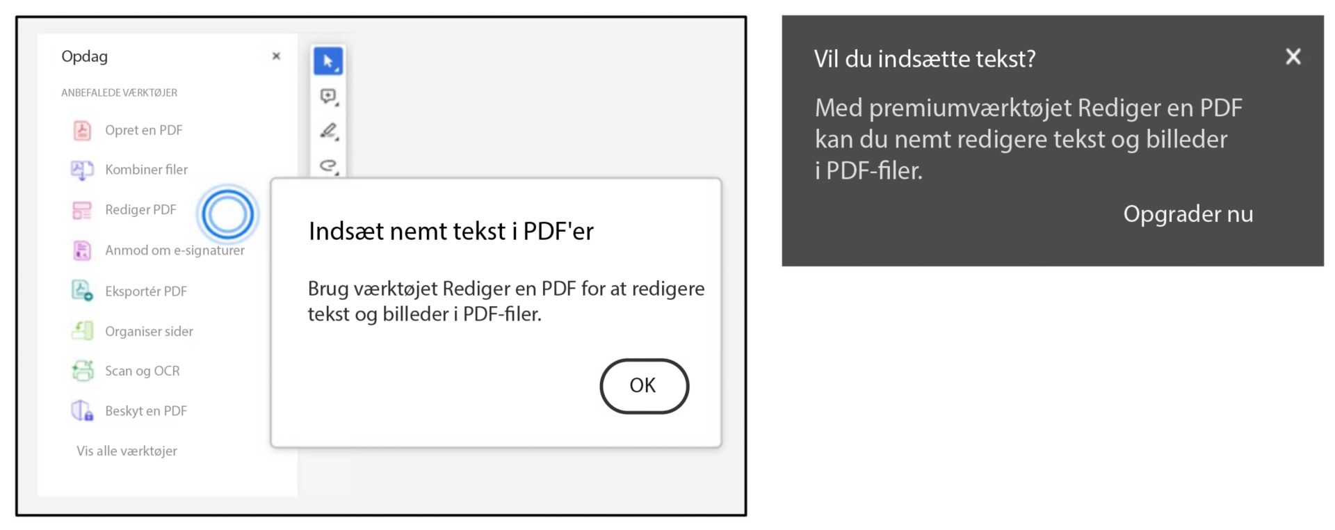 Redigeringsværktøjets prompt, når du bruger tastaturgenveje til at indsætte