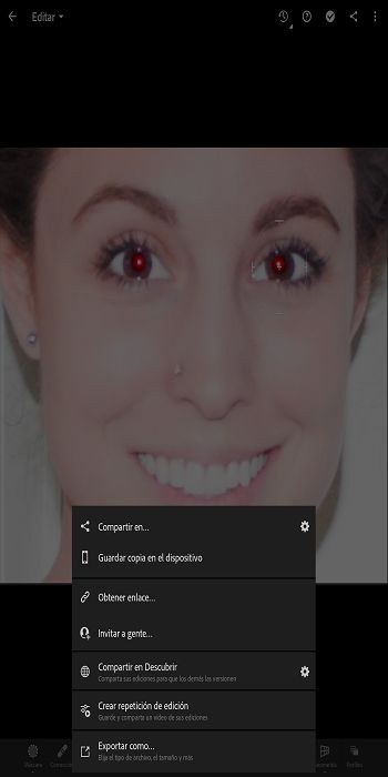 opción crear repetición de edición en la pantalla compartir en Lightroom para dispositivos móviles