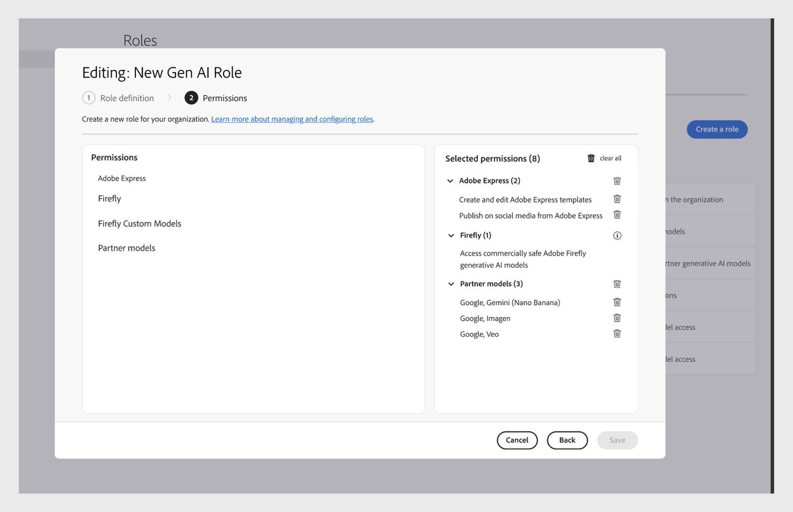 Image displays the Edit role screen in the Admin Console, showing a list of selected permissions