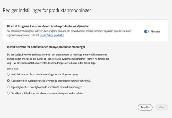 Skærmbilledet Rediger indstillinger for produktanmodninger, hvor frekvensen for meddelelser om nye anmodninger er indstillet til Dagligt