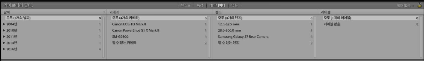 라이브러리 필터 막대의 새 메타데이터 범주