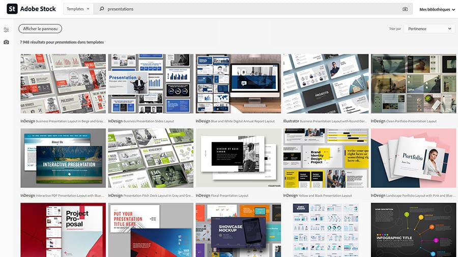 Écran de résultats d’Adobe Stock après la recherche de templates de présentation.