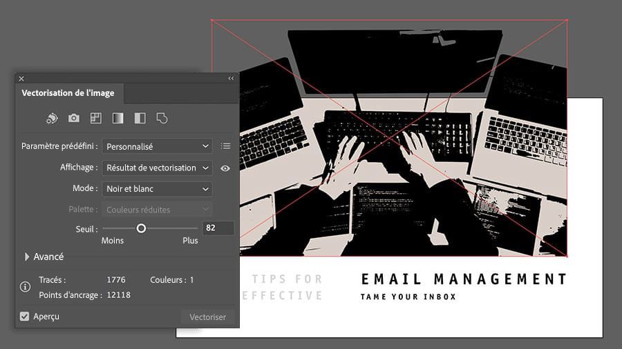 Application d’un effet stylisé à une image importée dans Illustrator à l’aide de la fonctionnalité Vectorisation de l’image.