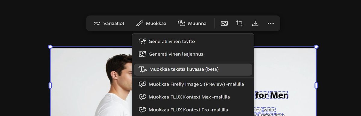 Tekstiä sisältävä piirtoalueen kuva valitaan ja Muokkaa kuvan tekstiä -vaihtoehto korostuu.