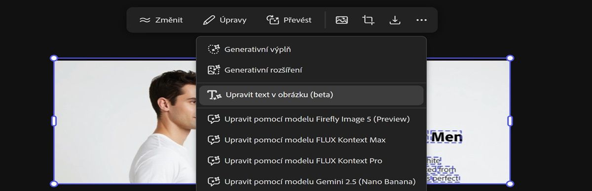 Obrázek s textem na plátně je vybrán a možnost Úpravy textu v obrázku je zvýrazněna.