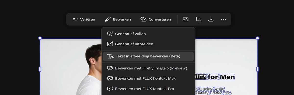 De afbeelding met tekst op het canvas is geselecteerd en de optie Tekst in afbeelding bewerken is gemarkeerd.