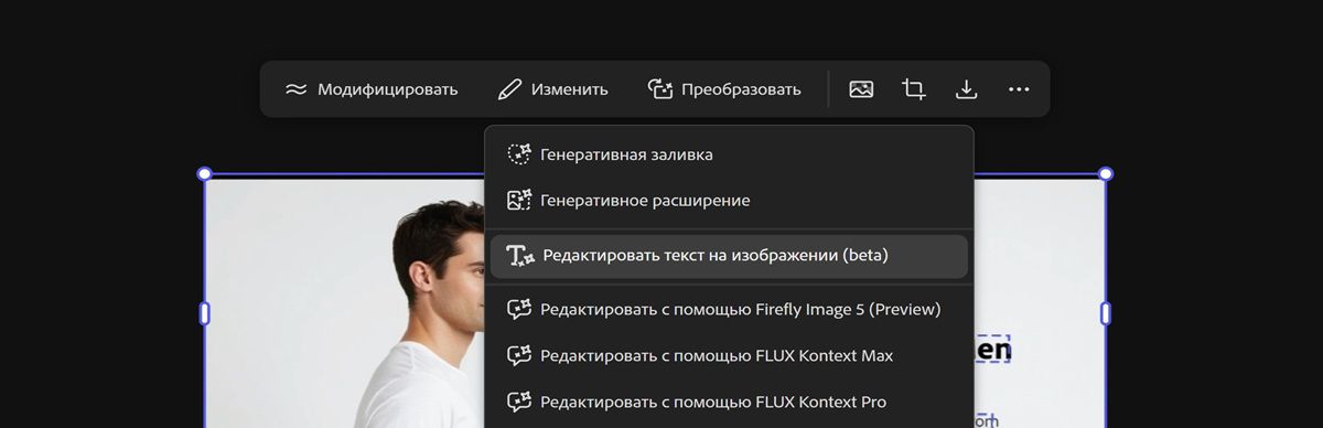 Выбрано изображение с текстом на холсте и выделен параметр «Редактировать текст на изображении».