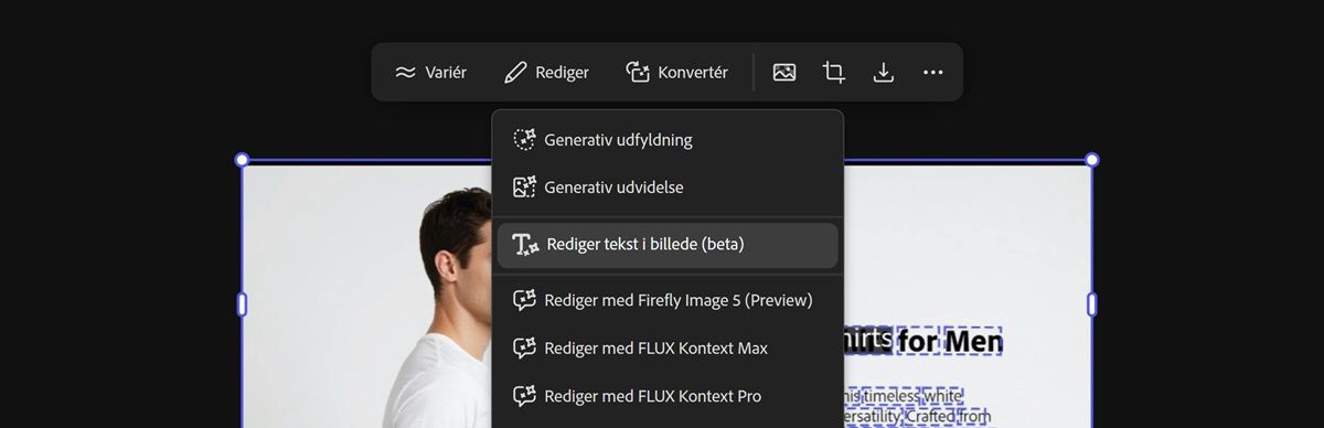 Billedet med teksten på lærredet er valgt, og indstillingen Rediger tekst i billede er fremhævet.