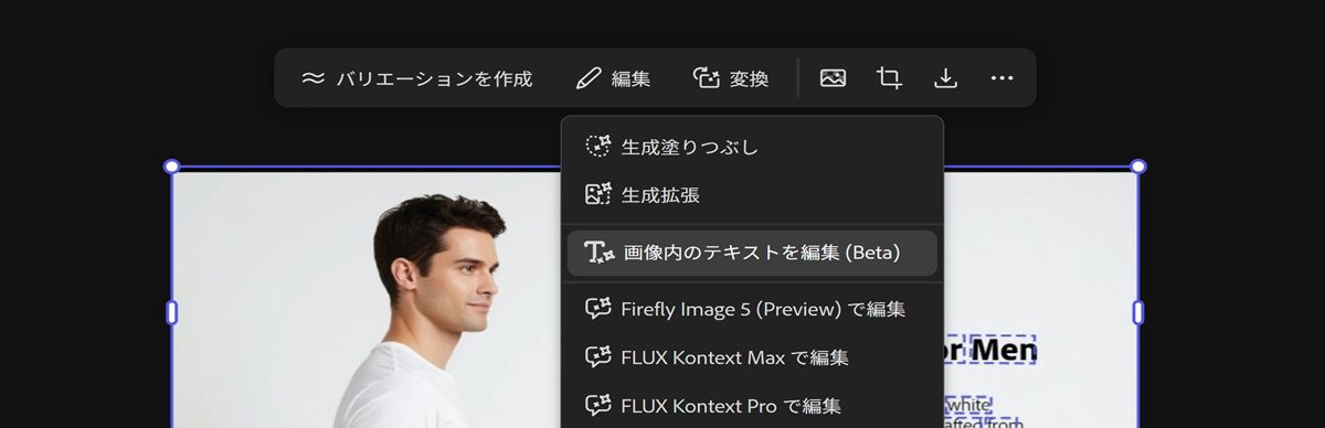 カンバス内のテキストを含む画像が選択され、「画像内のテキストを編集」オプションがハイライト表示されています。