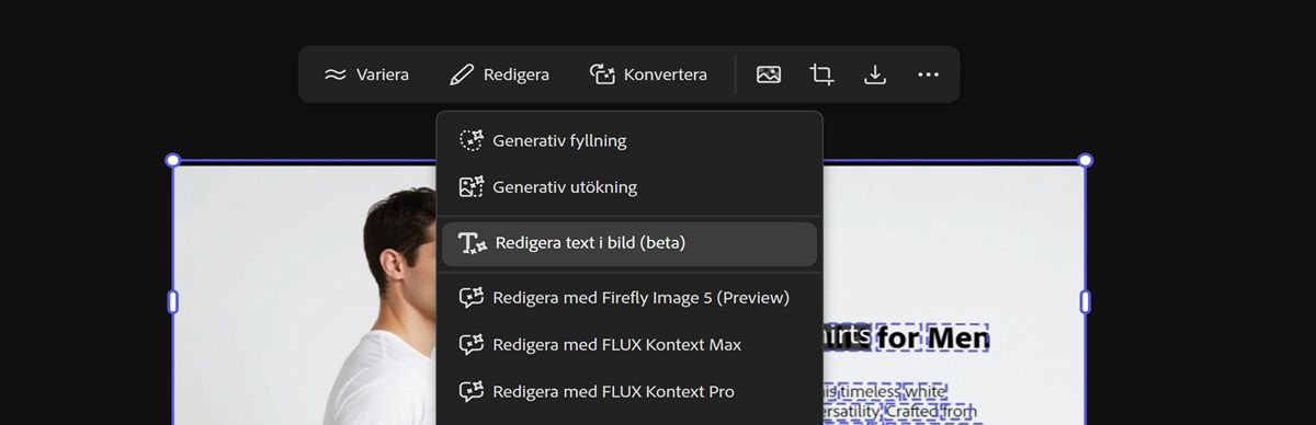 Bilden med text på arbetsytan är markerad och alternativet Redigera text i bild är markerat.
