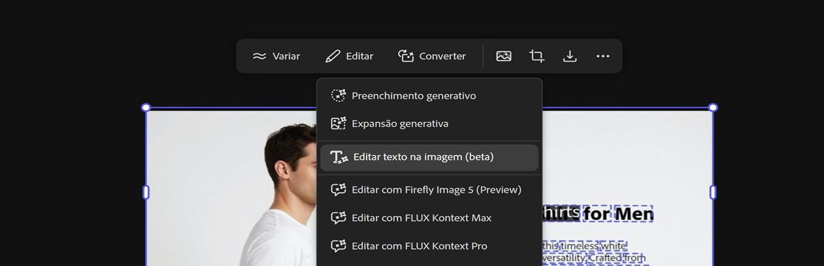 A imagem com texto na tela é selecionada e a opção Editar texto na imagem fica destacada.
