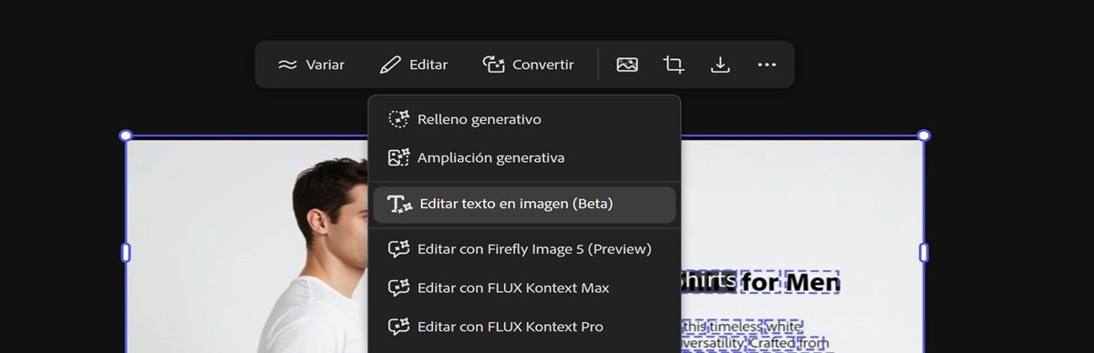 Se selecciona la imagen con texto en el lienzo y se resalta la opción Editar texto en la imagen.