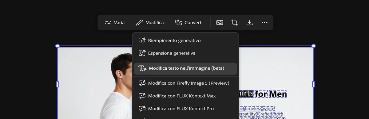 L'immagine con testo nell'area di lavoro è selezionata e l'opzione Modifica testo nell'immagine è evidenziata.