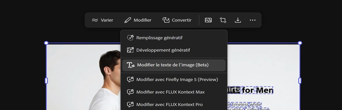 L’image contenant du texte dans la zone de travail est sélectionnée et l’option Modifier le texte dans l’image est mise en surbrillance.
