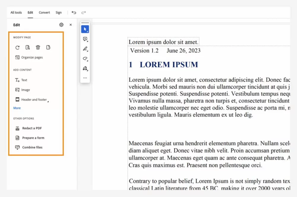 تحرير PDF داخل Acrobat — لقطة من الواجهة الرسمية