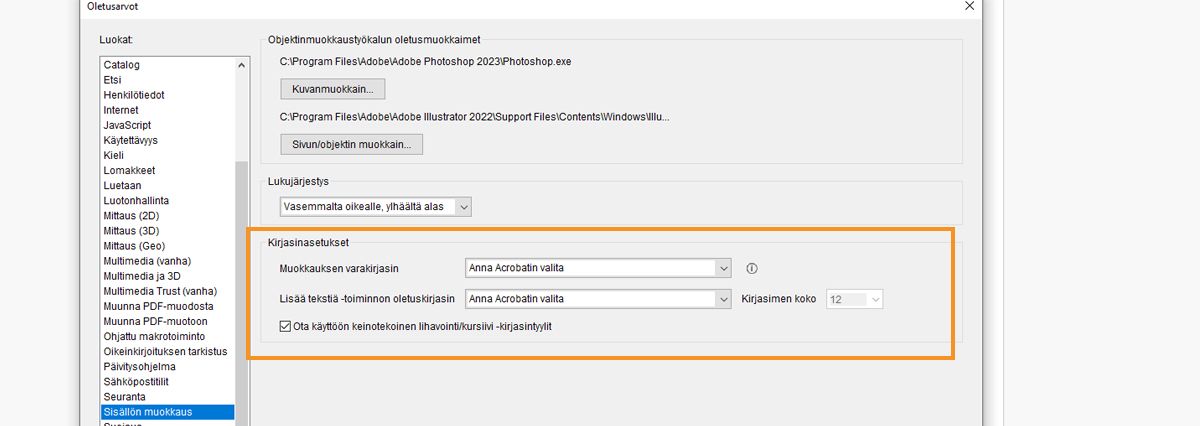 Muuta tekstin lisäämisen ja muokkaamisen oletuskirjasinta PDF-tiedostossa