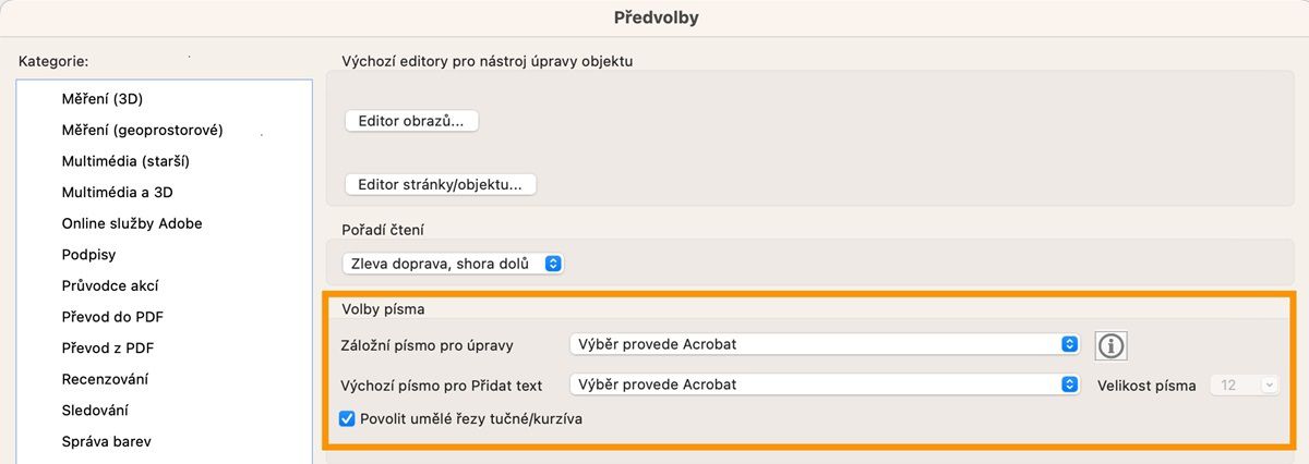 Změna výchozího písma pro přidávání a úpravy textu v dokumentu PDF