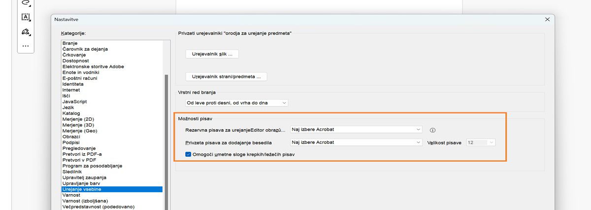 Spreminjanje privzete pisave za dodajanje in urejanje besedila v PDF-ju