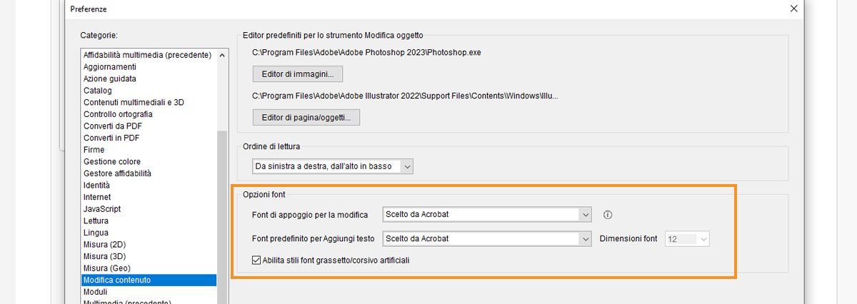 Cambiare il font predefinito per l’aggiunta e la modifica di testo in un PDF