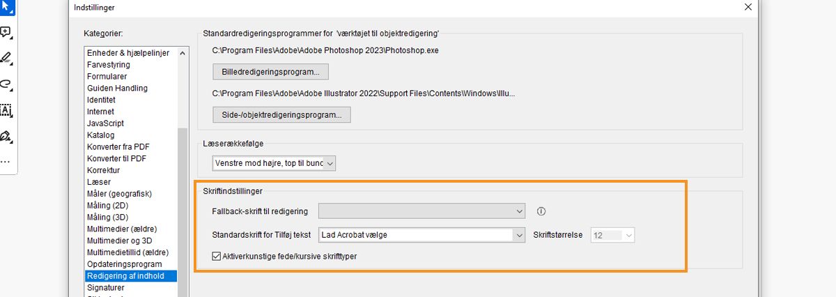 Skift standardskrifttype for tilføjelse og redigering af tekst i en PDF