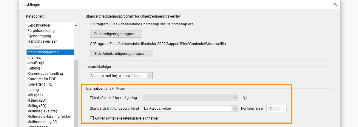 Endre standardskrift for å legge til og redigere tekst i en PDF-fil