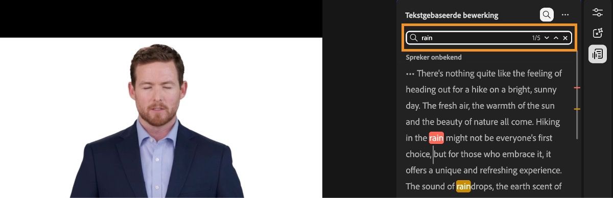 De zoekbalk is gemarkeerd en er wordt een woord ingevoerd om alle instanties ervan in het gegenereerde transcript te vinden.