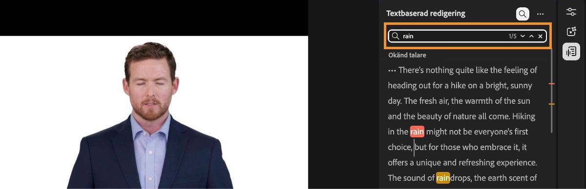 Sökfältet är markerat och ett ord har skrivits in för att hitta alla förekomster av det i det genererade transkriptet.