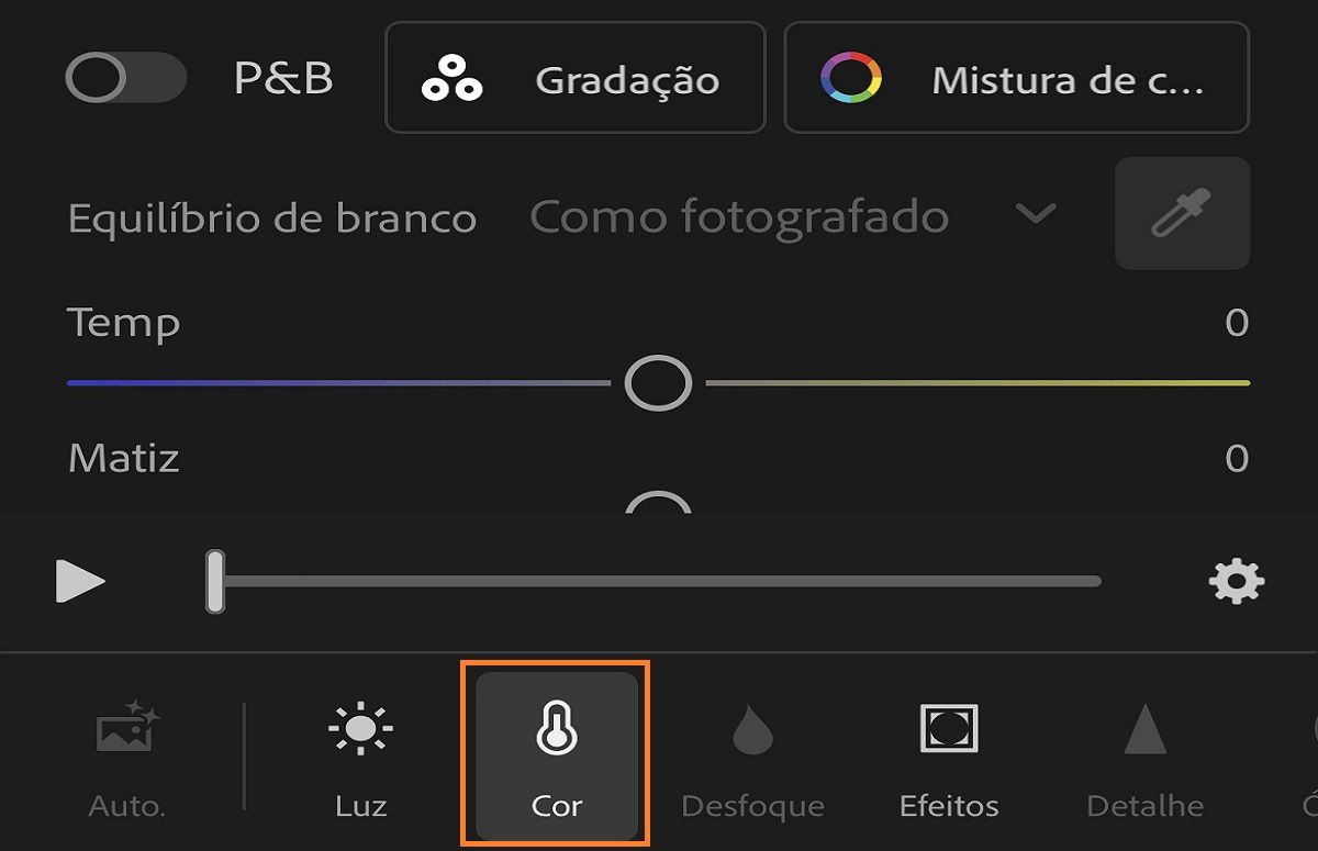 captura de tela do painel Cor para ajustar vídeos