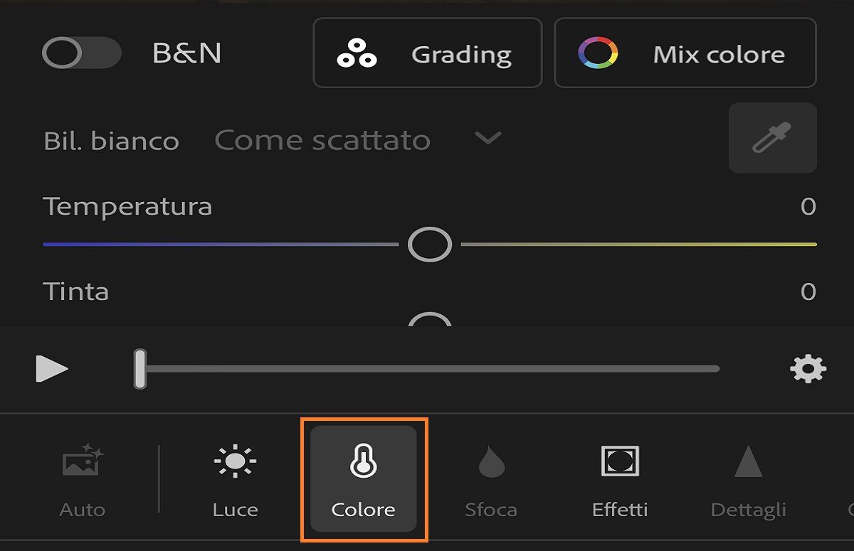 schermata del pannello colore per regolare i video