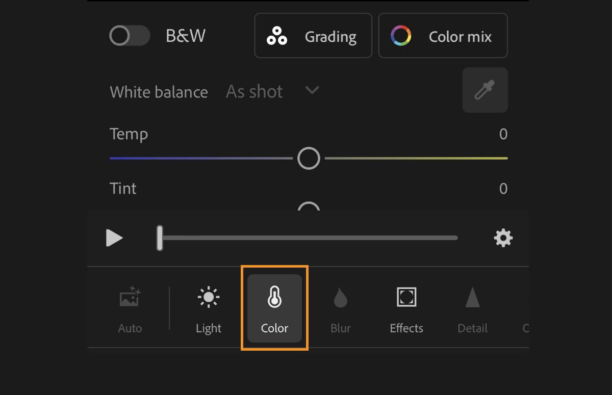 screenshot of color panel to adjust videos