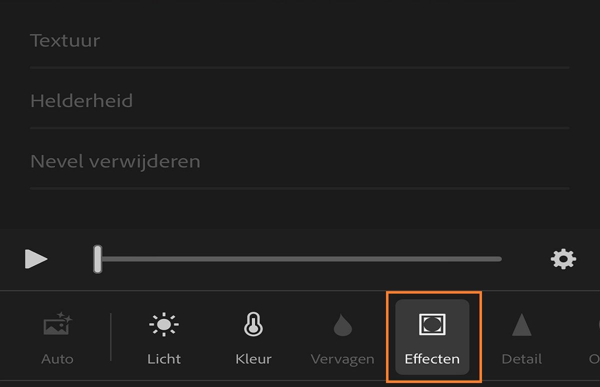 Screenshot van het deelvenster Effecten voor het aanpassen van video's 