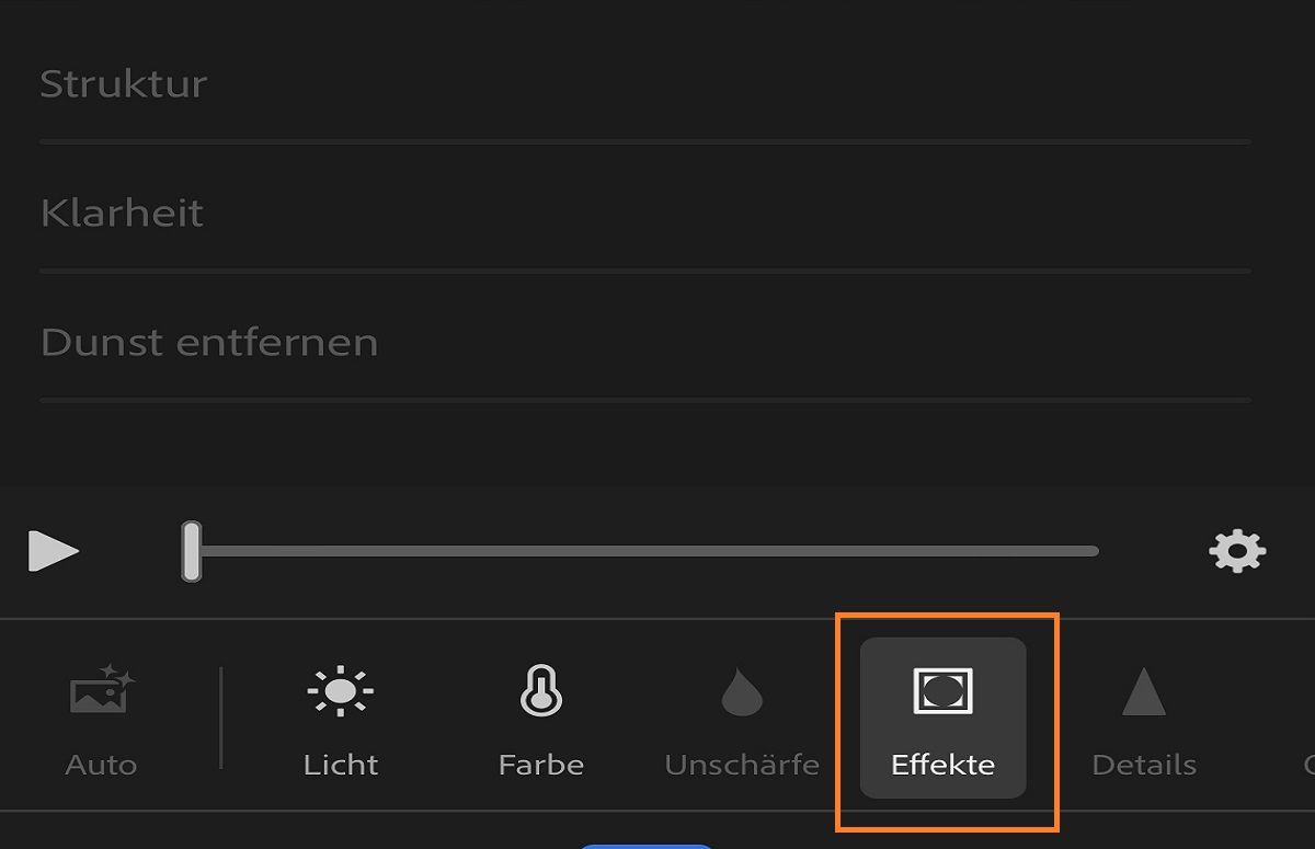 Screenshot des Bedienfelds „Effekte“ zum Anpassen von Videos 
