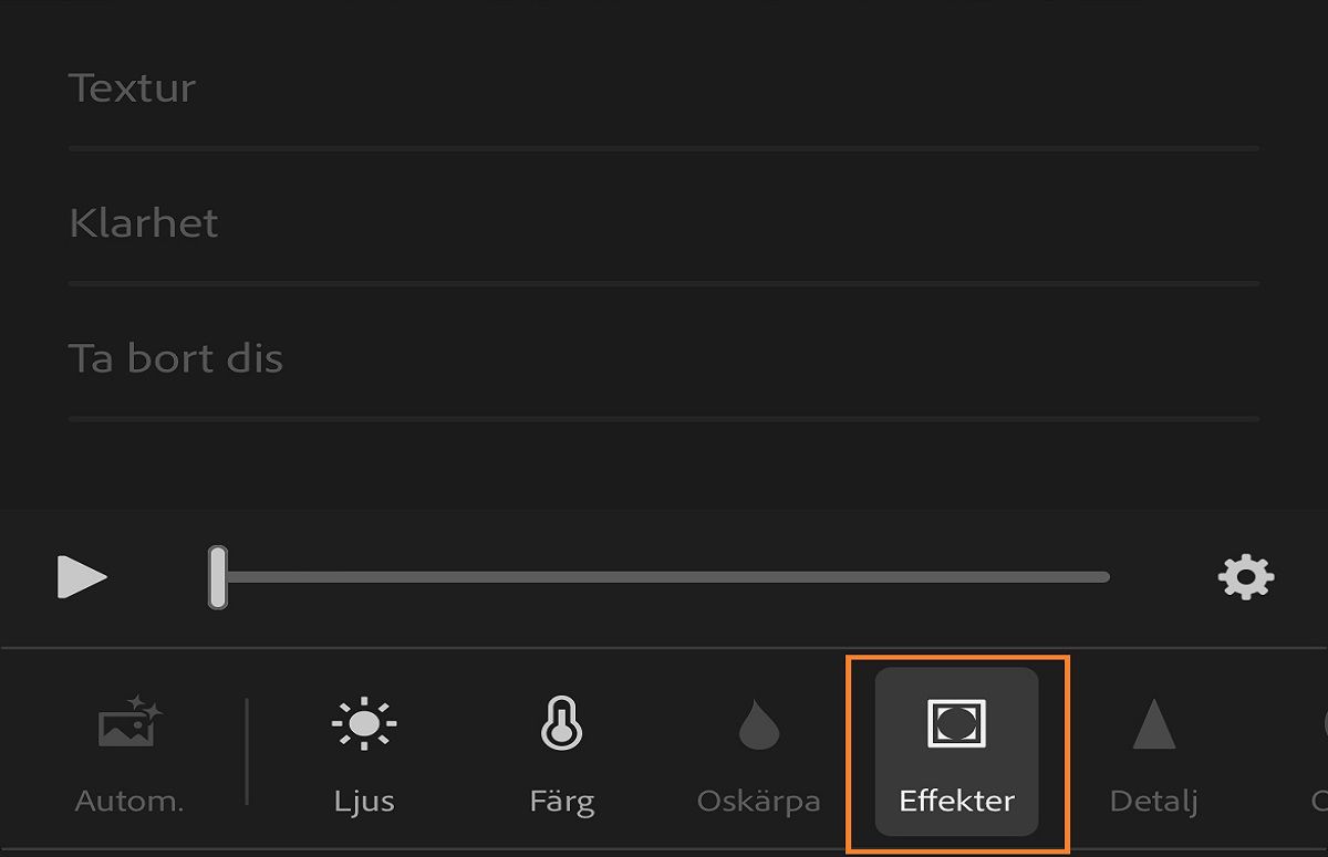 Skärmbild av panelen Effekter för att göra justeringar av videor 