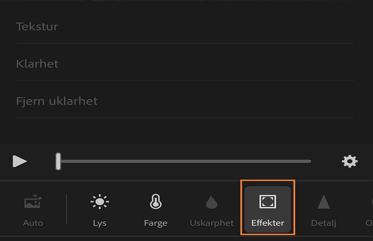 Skjermbilde av Effekter-panelet for justering av videoer 