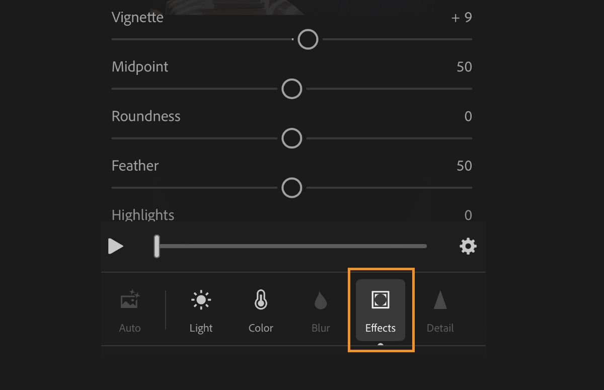 Screenshot of Effects panel to make adjustments to videos 