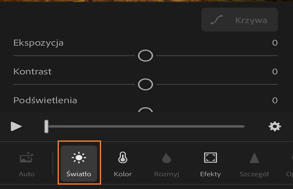 zrzut ekranu panelu Światło do edycji filmów