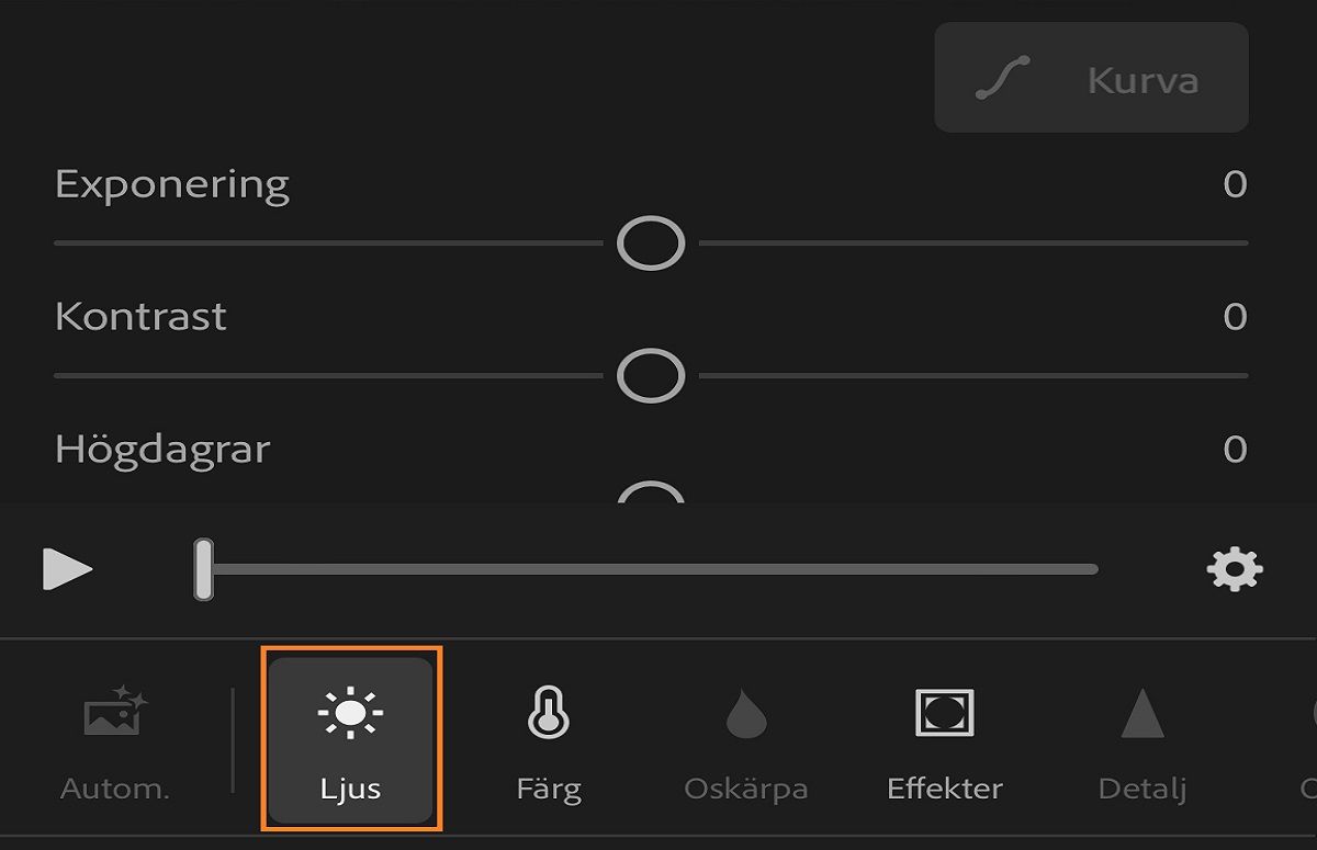 skärmbild av panelen Ljus för att redigera videor
